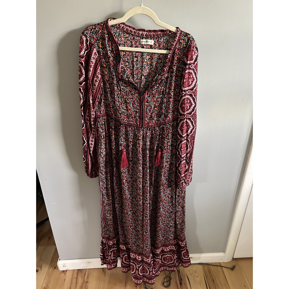 Natural Life Boho Floral Medallion Maxi Dress Burgundy Pink Tassel Long Sleeve S - Picture 2 of 4